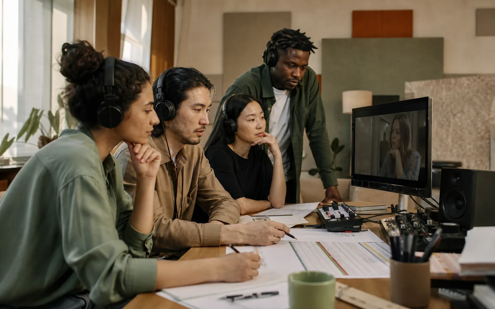 Localization team reviewing multilingual audio against a timed video transcript