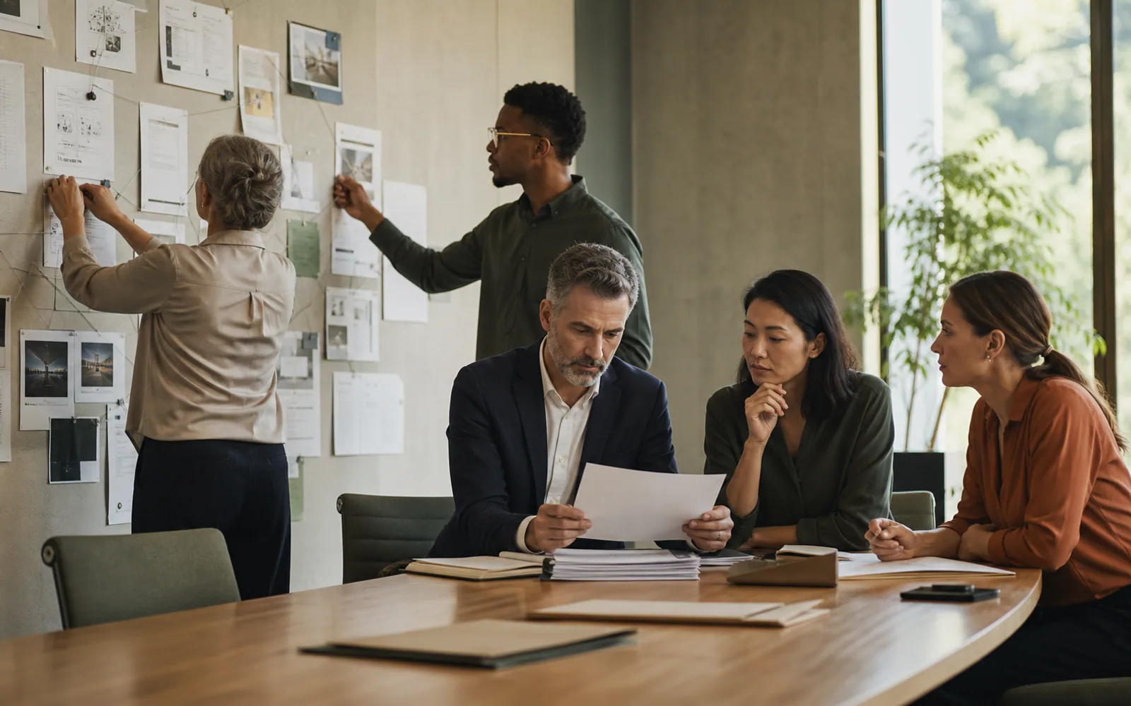 Governance team connecting AI decisions to a clear wall of versioned evidence