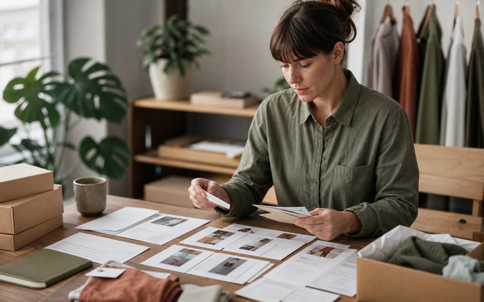 Ecommerce analyst checking customer segments against order records at a warm editorial desk