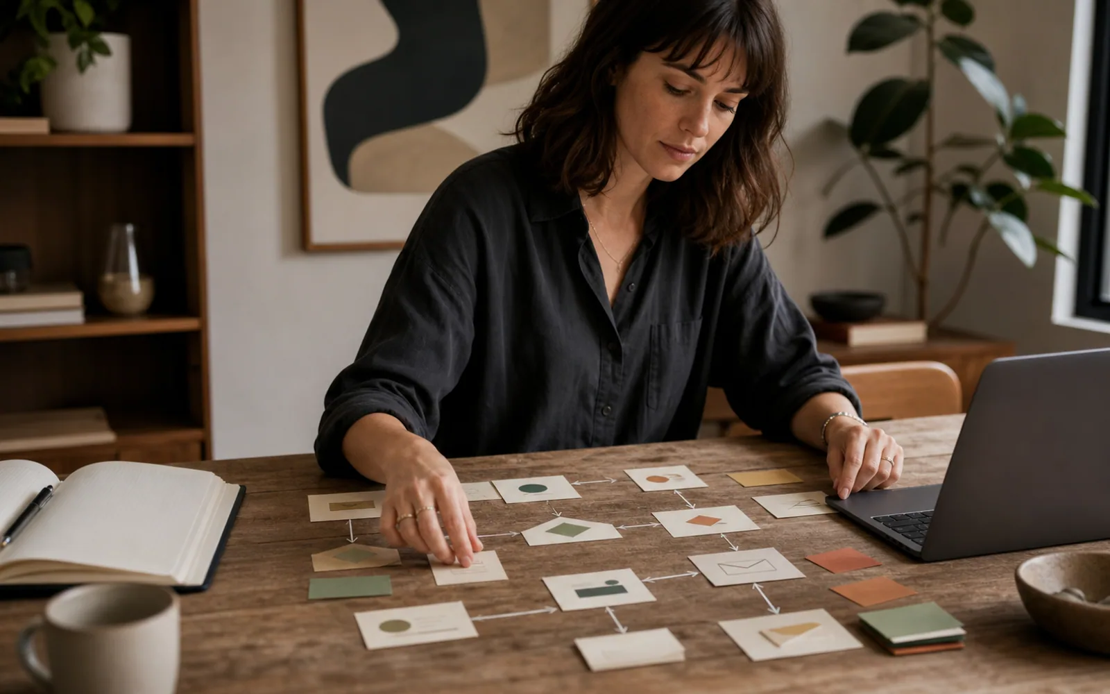 Marketing operator arranging a clear email workflow with event cards and printed notes