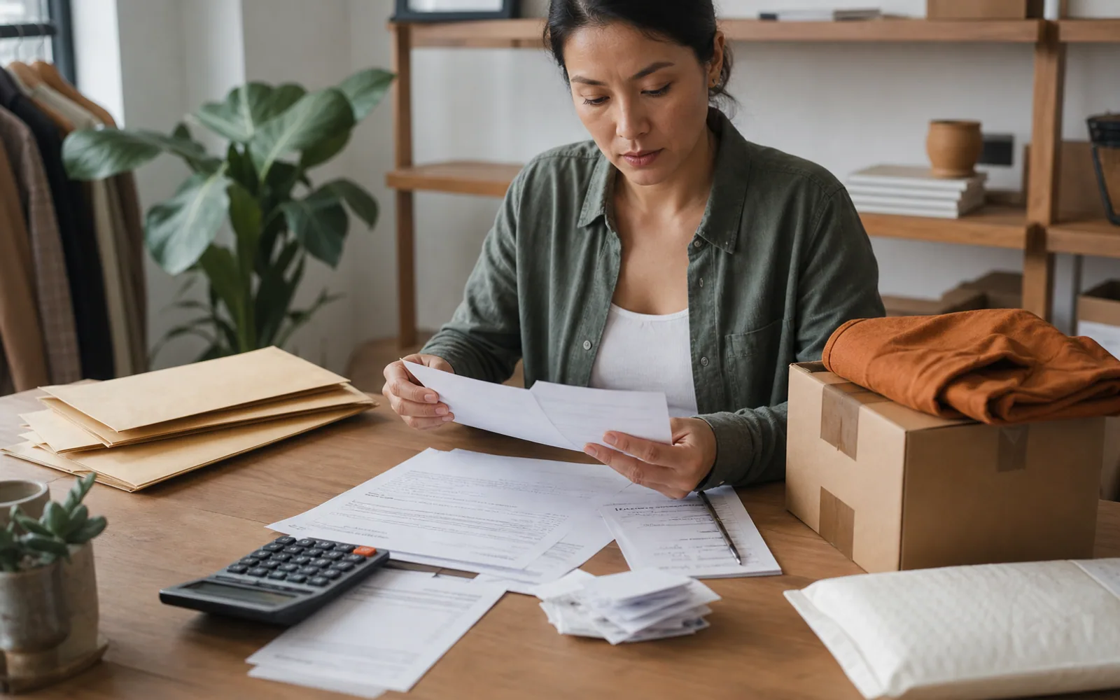 Marketplace operator reconciling profit records with invoices and a calculator