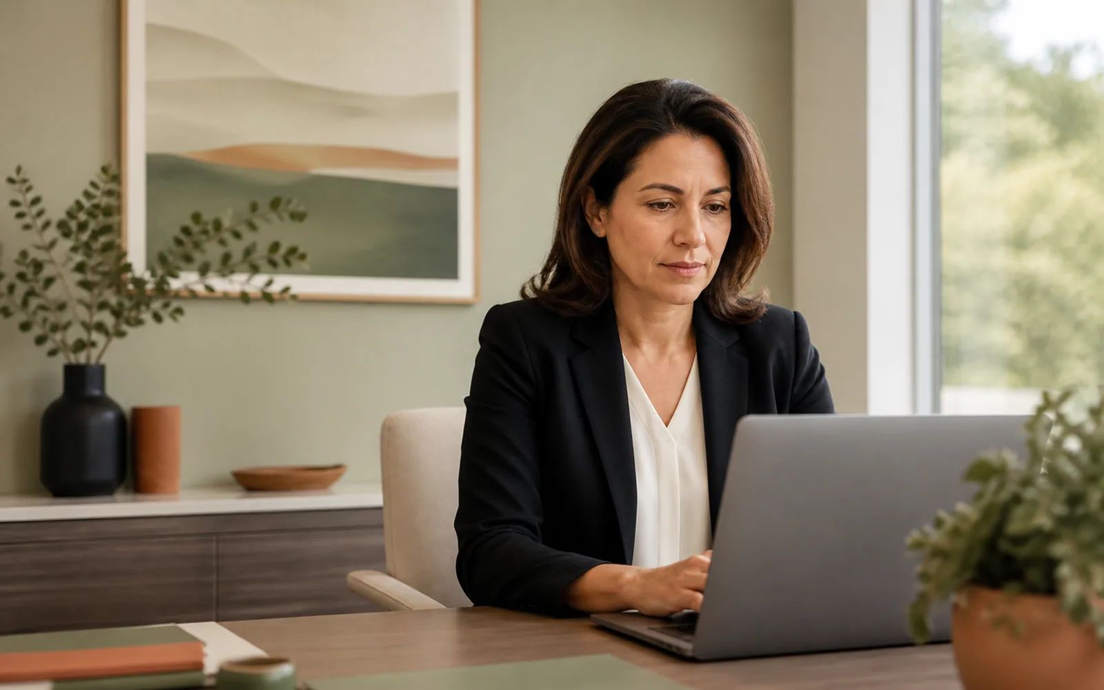 Clinic administrator testing a patient portal checklist in a private consultation room
