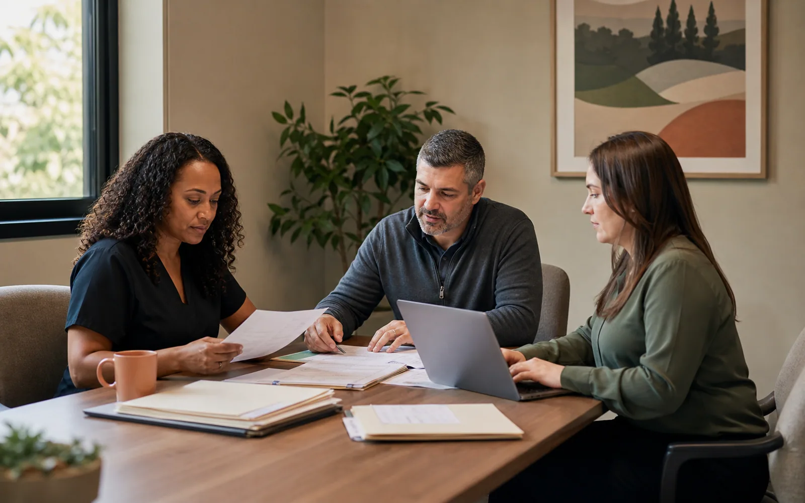 Healthcare operations team reconciling migration records in a private orderly workspace