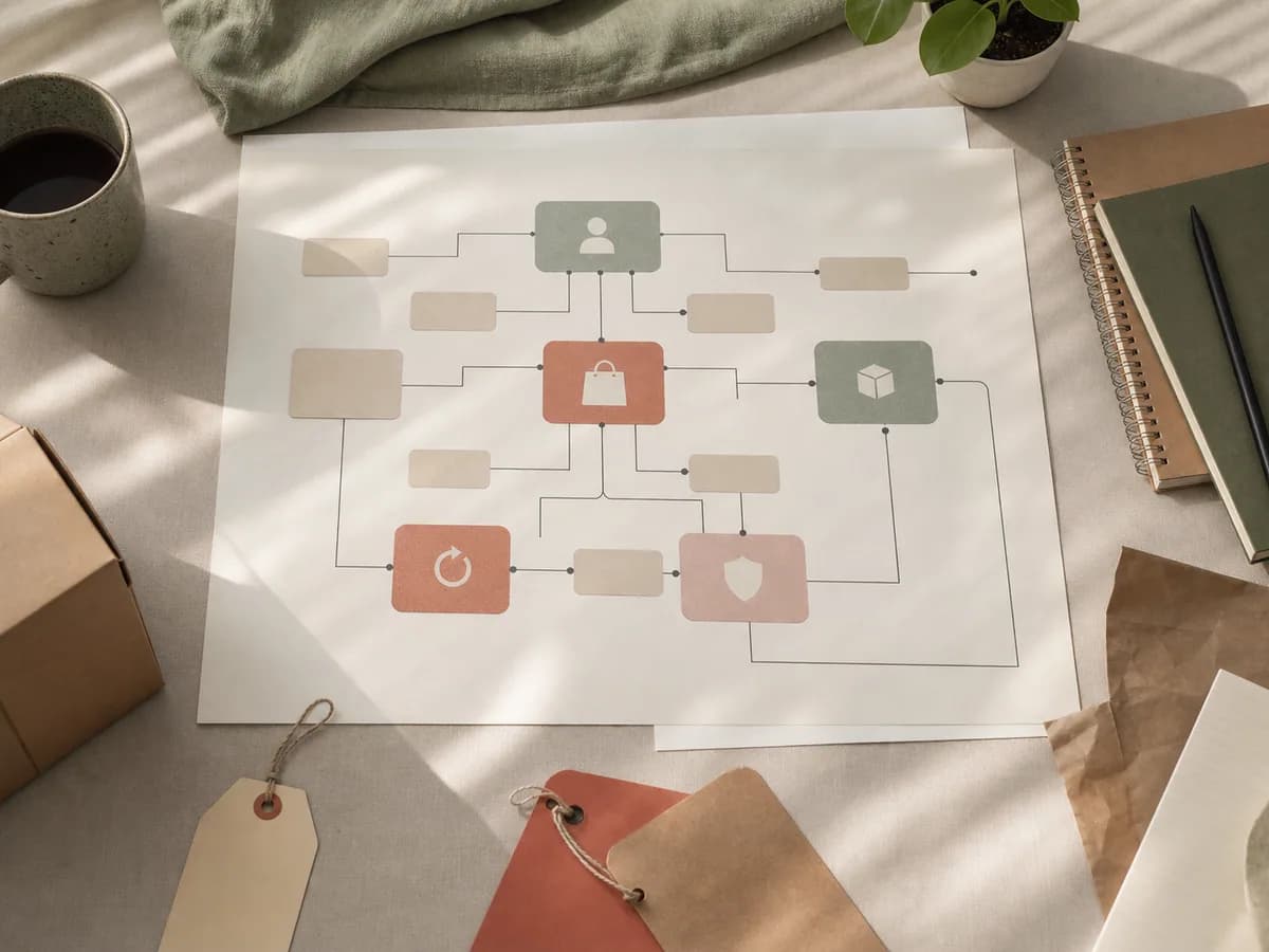 Printed field map connecting customer, product, order, refund, and consent records