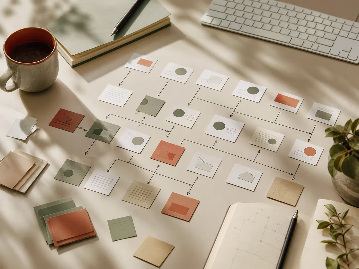 Overhead view of a practical customer event map, notebook, and keyboard