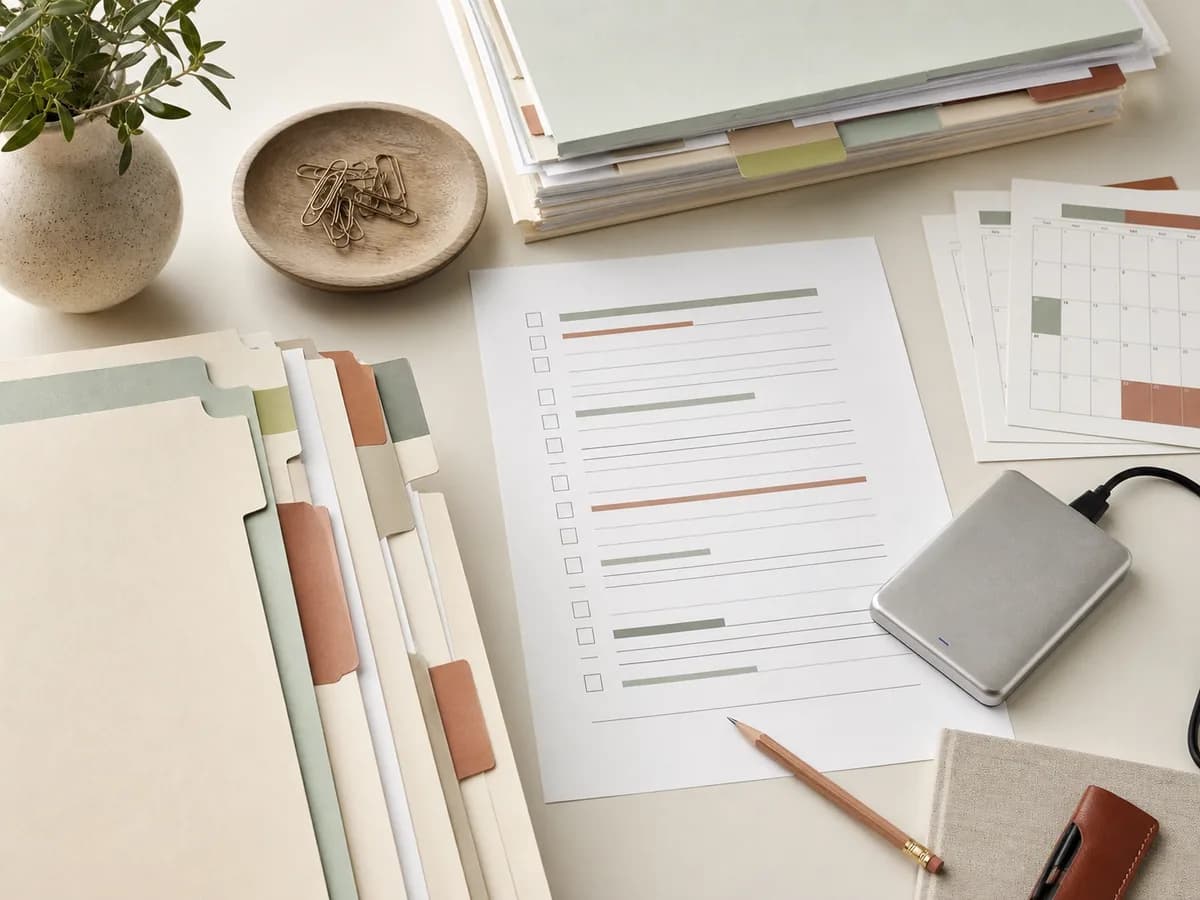 Printed migration reconciliation checklist beside organized patient record folders