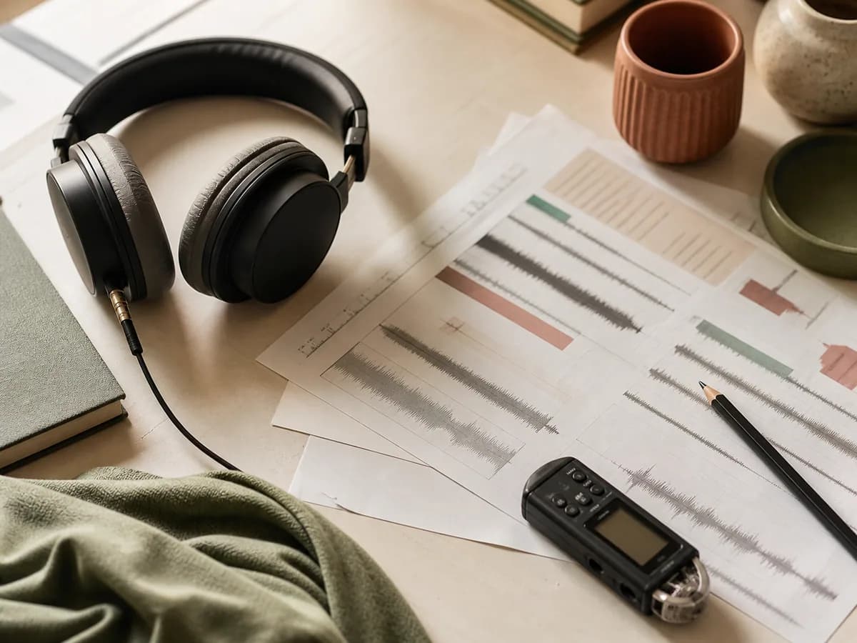 Close view of headphones, annotated scripts, and a controlled audio review workspace
